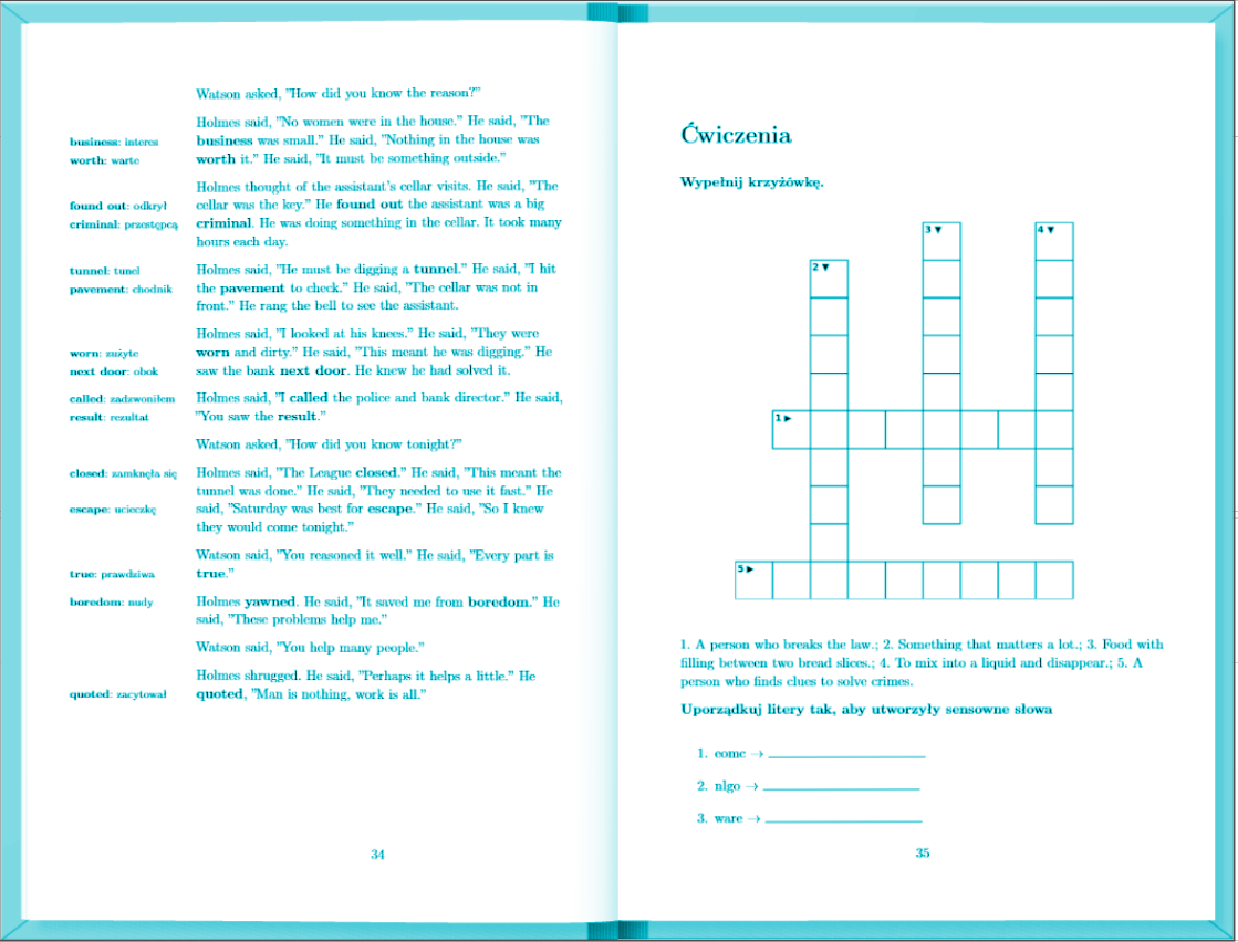 Open paperback book showing vocabulary annotations